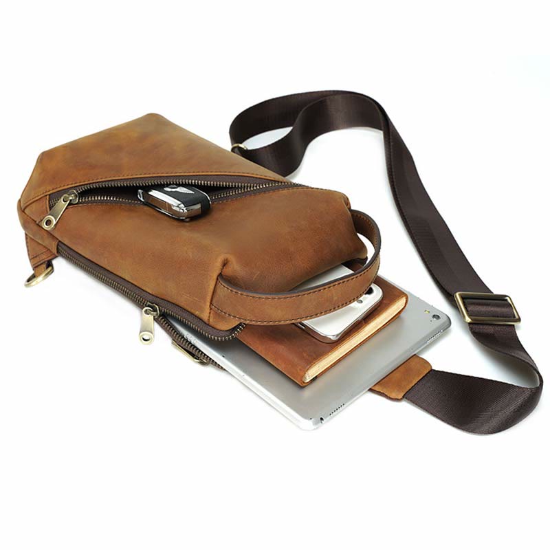 Herren Umhängetasche aus Leder, Schultertasche, Outdoor-Reisetasche, Brusttasche, Daypack