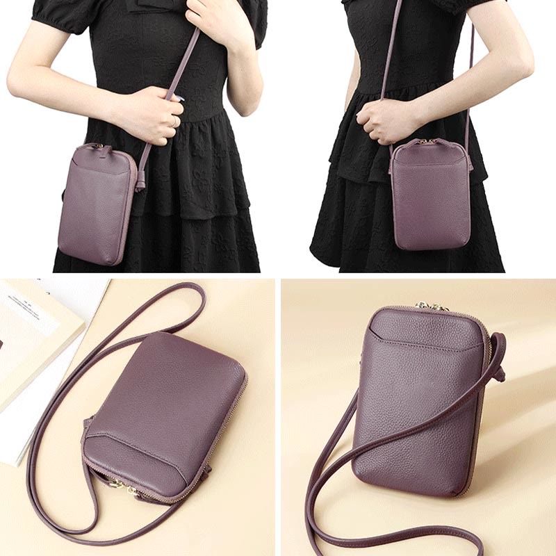 Mini-Telefontasche, einfache karierte Umhängetasche aus Leder für Damen