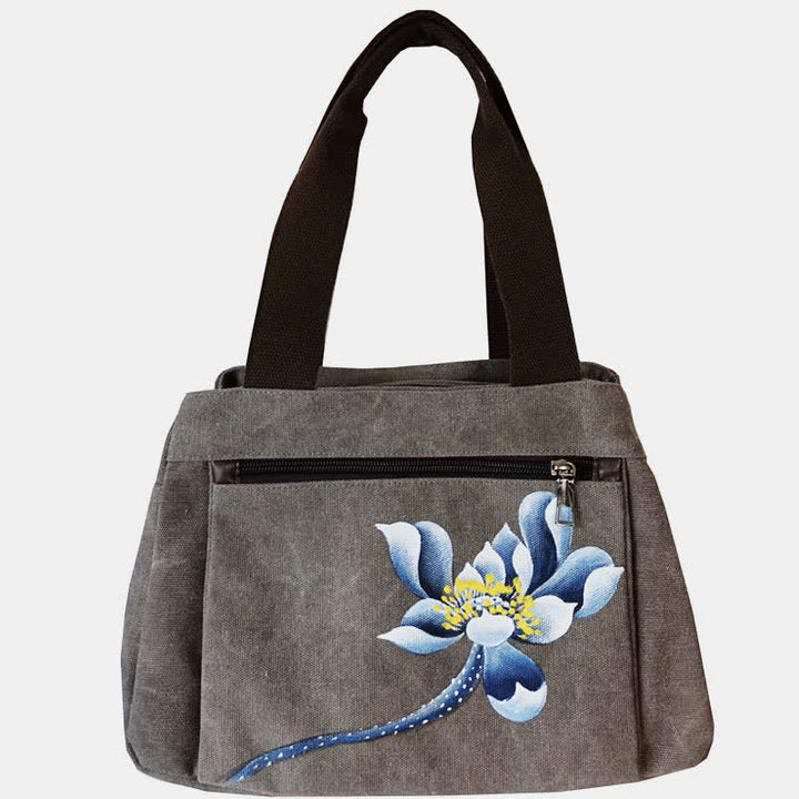 Handtasche aus Segeltuch mit drei Fächern und Blumendruck, Umhängetasche