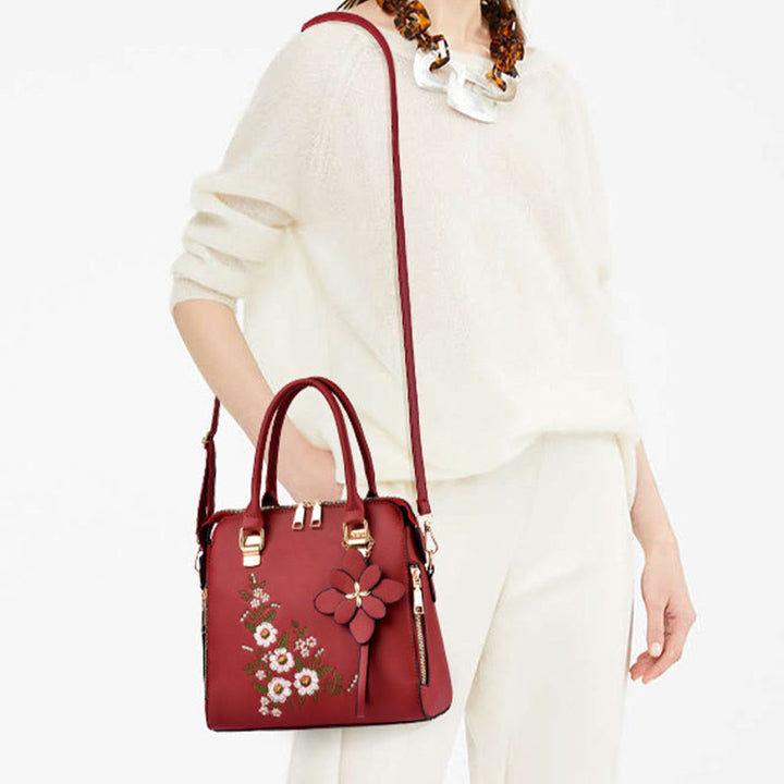 Florale Lederhandtasche für Damen, elegante Umhängetasche
