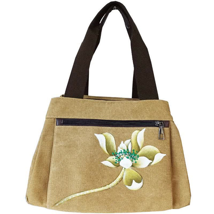 Handtasche aus Segeltuch mit drei Fächern und Blumendruck, Umhängetasche