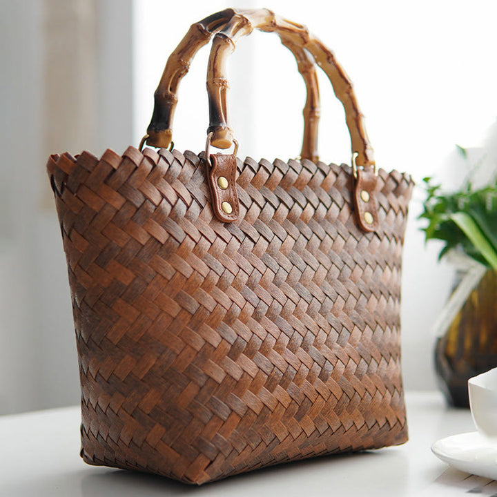 Strohtasche für Damen, Handtasche mit Retro-Bambusmuster
