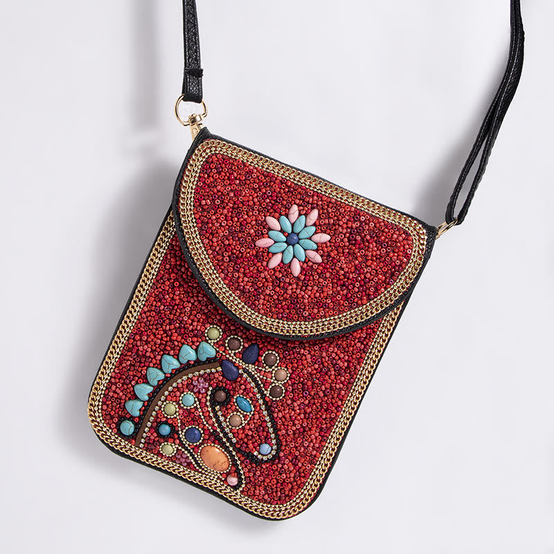 Bohemian Handytasche Damen Muschel Blumen Muster Magnetische Umhängetasche