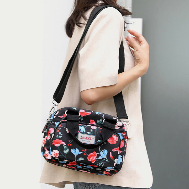 Umhängetasche aus Nylon für Damen, Handtasche mit buntem Blumendruck