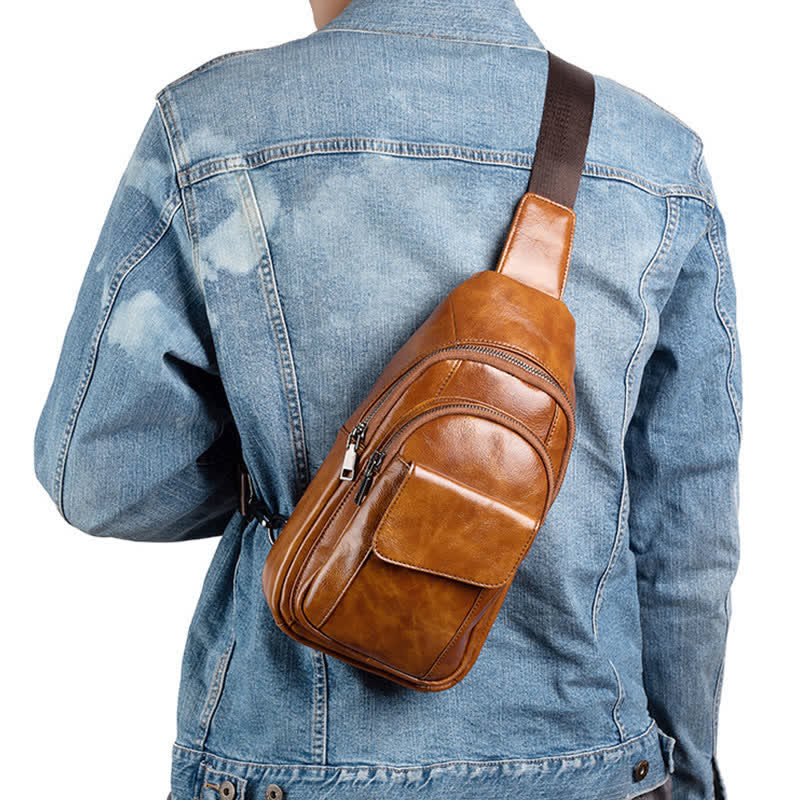 Sling-Rucksack aus echtem Leder, Retro, Mehrzweck-Umhängetasche, Schultertasche, Brusttasche
