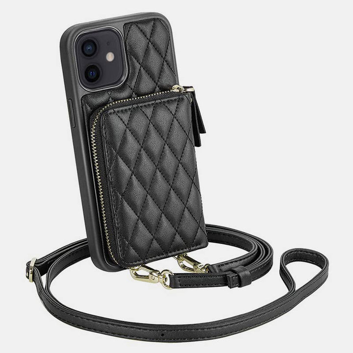 iPhone-Handyhülle, gestepptes Leder, Brieftaschen-Hülle, Kartenhalter mit Umhängegurt