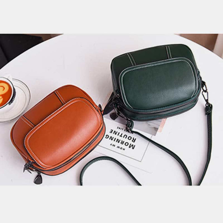 Kleine Umhängetasche mit dreifachem Reißverschluss, Leder, Handy-Geldbörse, Schultertasche