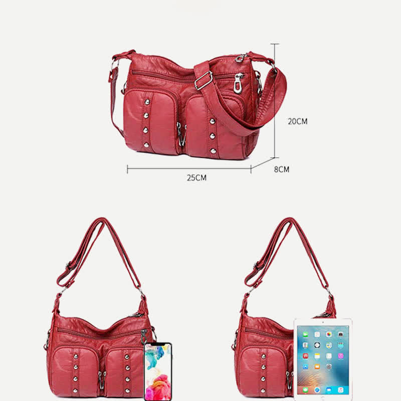 Umhängetasche mit mehreren Taschen für Damen, Retro-Nieten, Leder, Schultertasche