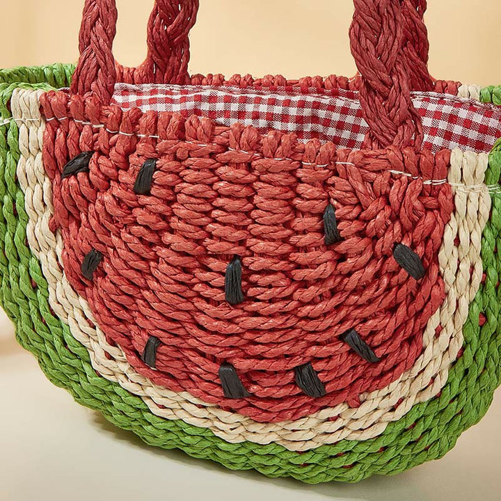 Strandtasche für Damen, tragbare Umhängetasche aus Stroh mit Wassermelonenmuster
