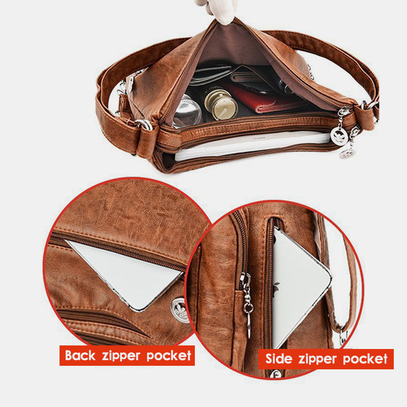 Einkaufstasche aus Leder im Vintage-Stil mit vielen Taschen und großer Kapazität