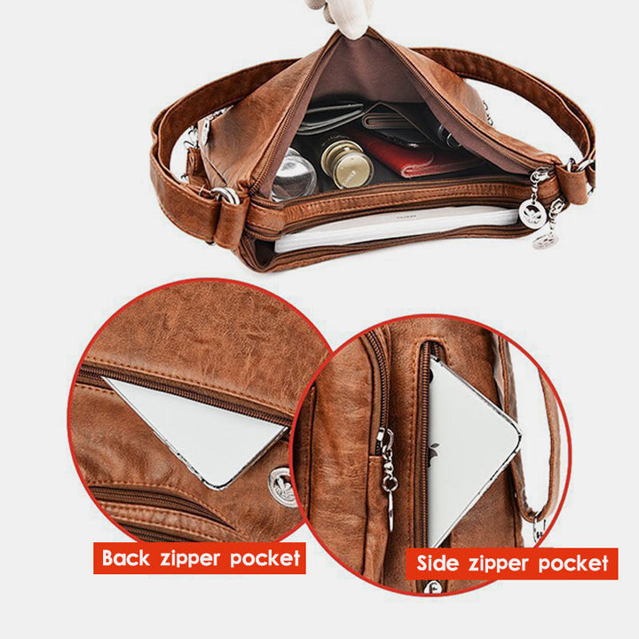 Einkaufstasche aus Leder im Vintage-Stil mit vielen Taschen und großer Kapazität