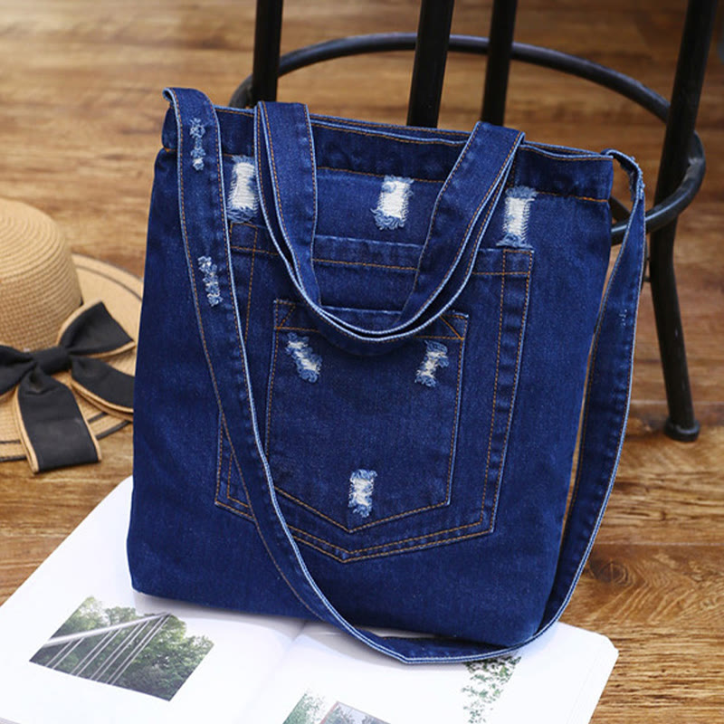 Denim Tote für Ausflüge Retro Canvas zerrissene Umhängetasche - # D - Dunkelblau - image 23