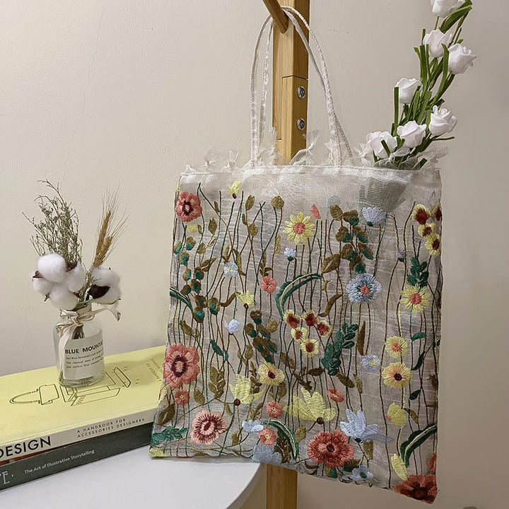 Handtasche für Damen, Netzstoff, handbestickte Blumen, tragbare Umhängetasche