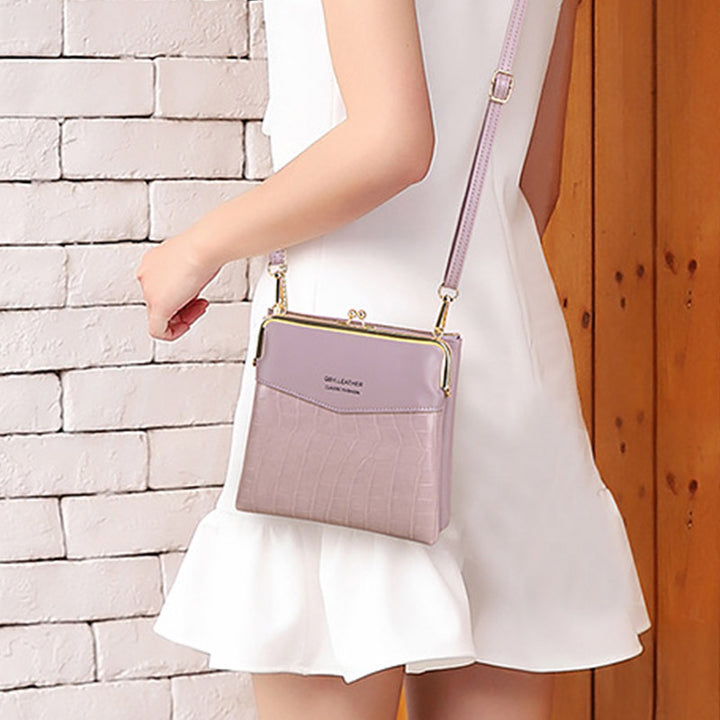 Leder-Crossbody-Handtasche für Damen mit zwei Fächern und Kiss Lock-Umhängetasche