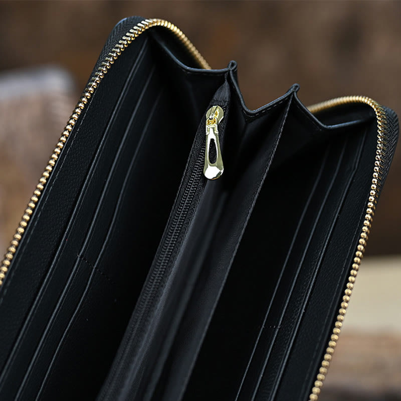 Geldbörse für Damen, echtes Leder, mit Retro-Druck, große Kapazität