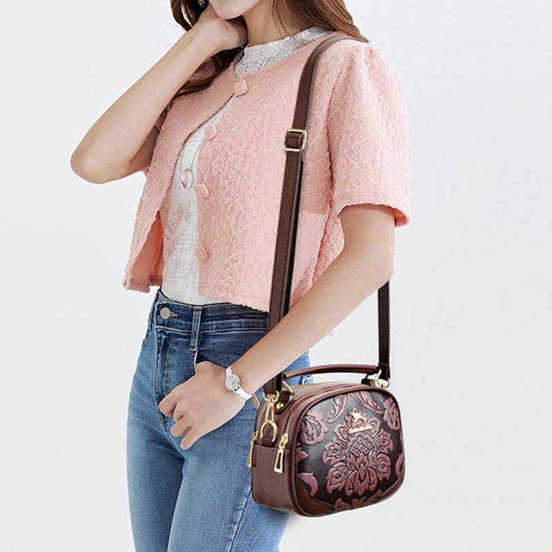 Handtasche mit Blumenprägung für Damen, Umhängetasche mit zwei Fächern