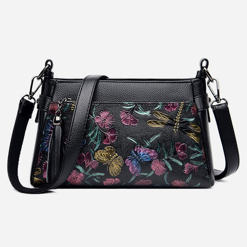 Umhängetasche mit Blumenmuster für Damen, Geldbörse mit Quaste und Libellen-Print