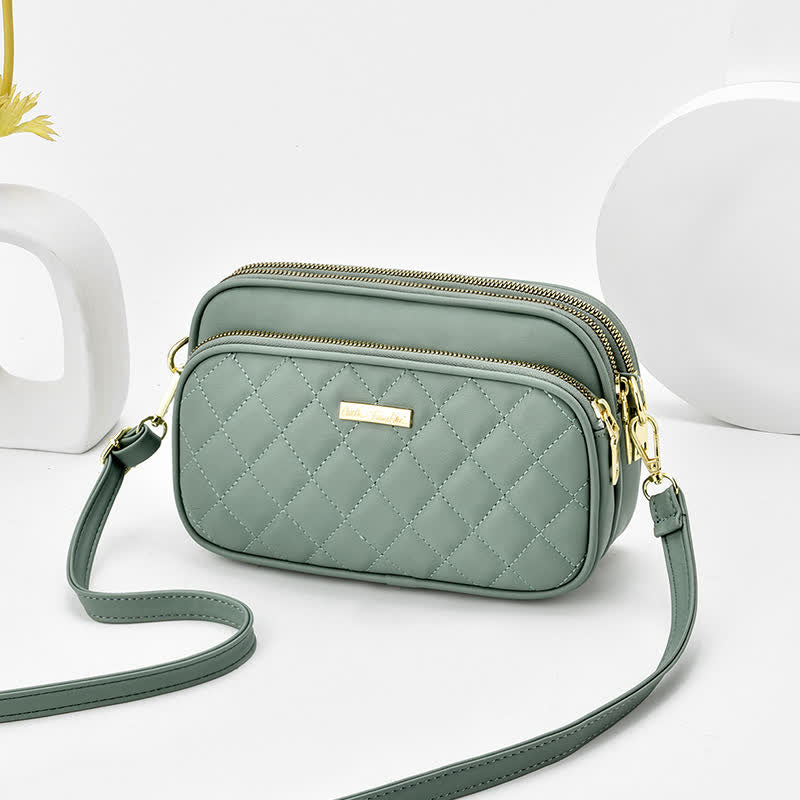 Umhängetasche mit drei Reißverschlüssen, gestepptes Leder, Schultertasche für Damen