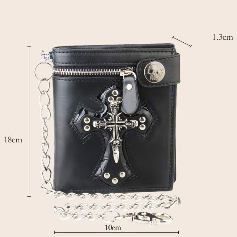 Herren-Geldbörse aus Leder mit Gothic-Totenkopf-Kreuz und langer Metallkette