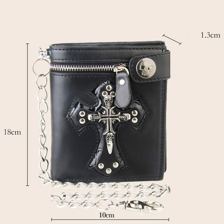 Herren-Geldbörse aus Leder mit Gothic-Totenkopf-Kreuz und langer Metallkette