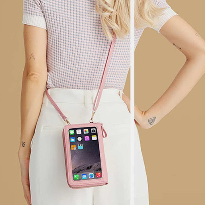 Kleine Crossbody-Handy-Geldbörse für Damen aus gestepptem Leder