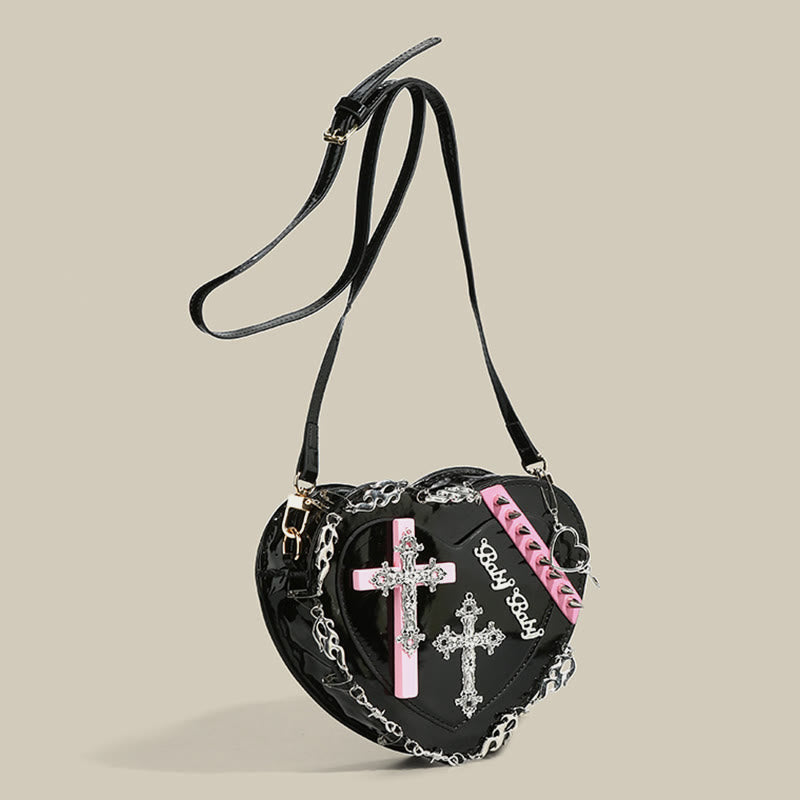 Gothic Herzform Geldbörse Damen Kreuz Nieten Umhängetasche