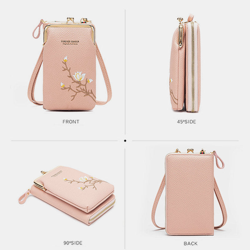 Elegante Umhängetasche fürs Handy mit mehreren Fächern und Blumenstickerei