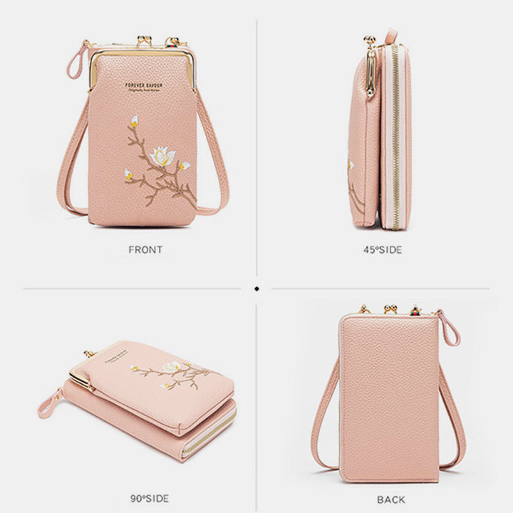 Elegante Umhängetasche fürs Handy mit mehreren Fächern und Blumenstickerei
