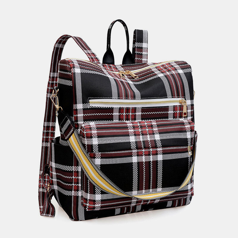 Multifunktionaler, lässiger Damen-Rucksack, Tagesrucksack aus Leder mit kariertem Muster und Schultergurt