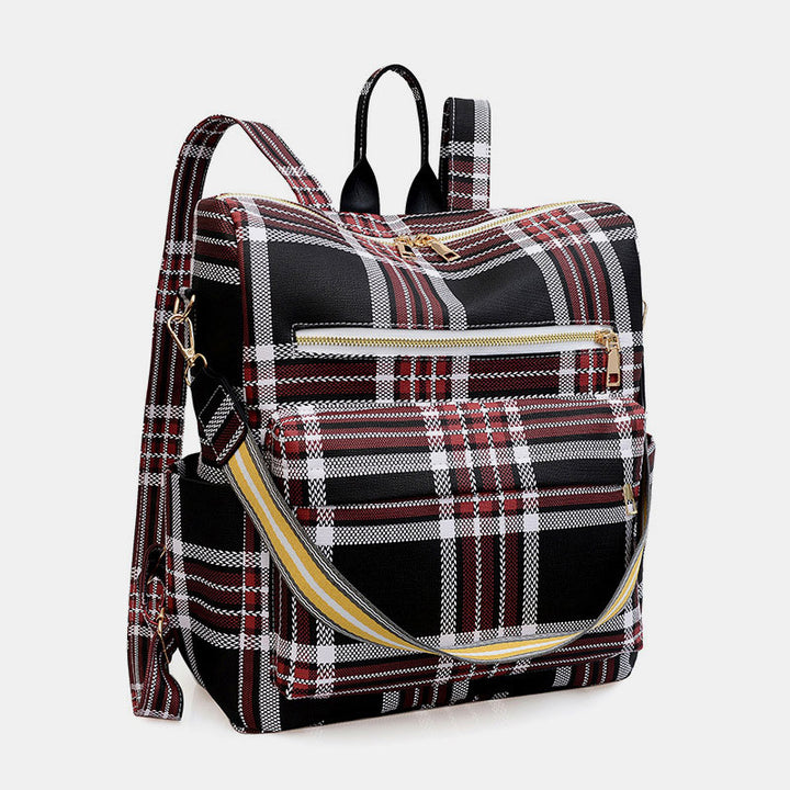 Multifunktionaler, lässiger Damen-Rucksack, Tagesrucksack aus Leder mit kariertem Muster und Schultergurt