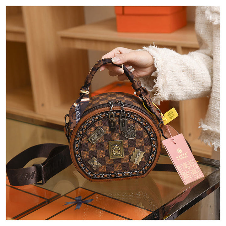 Top-Griff-Tasche für Damen Vintage breite Riemen kleine runde Tasche