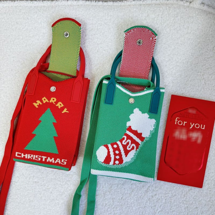 Handytasche im Weihnachtsstil für Damen, gestrickte Umhängetasche