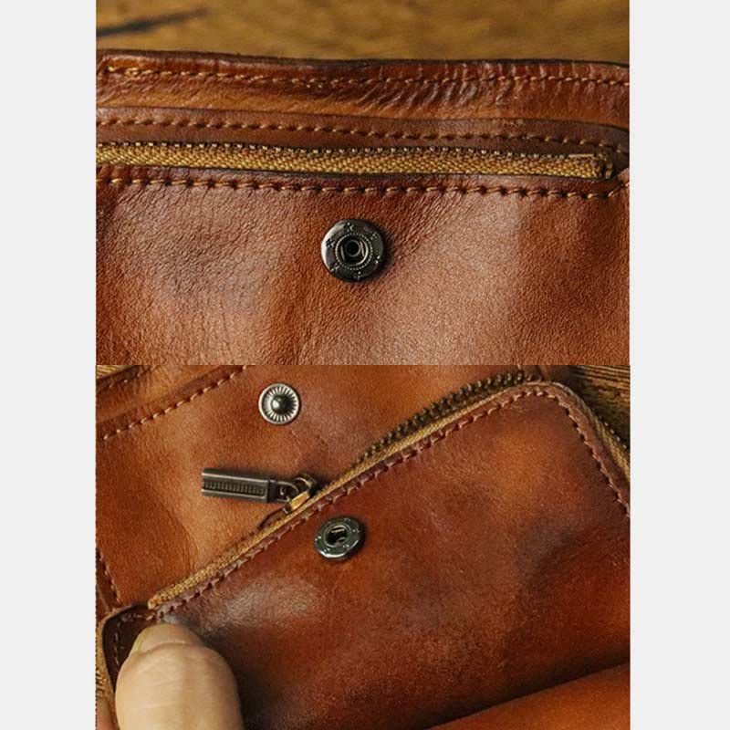 Ledergeldbörse für Herren, doppelt faltbar, Vintage, kurze Geldbörse mit Reißverschluss - image 15
