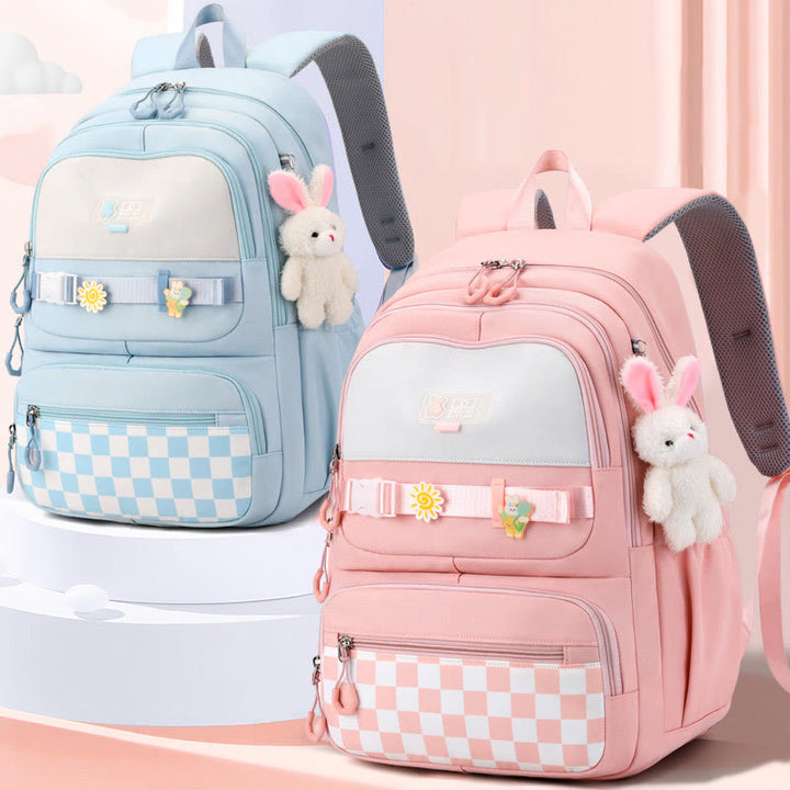 Rucksack für Damen, kariertes Muster, helle Farbe, einfache Schultasche
