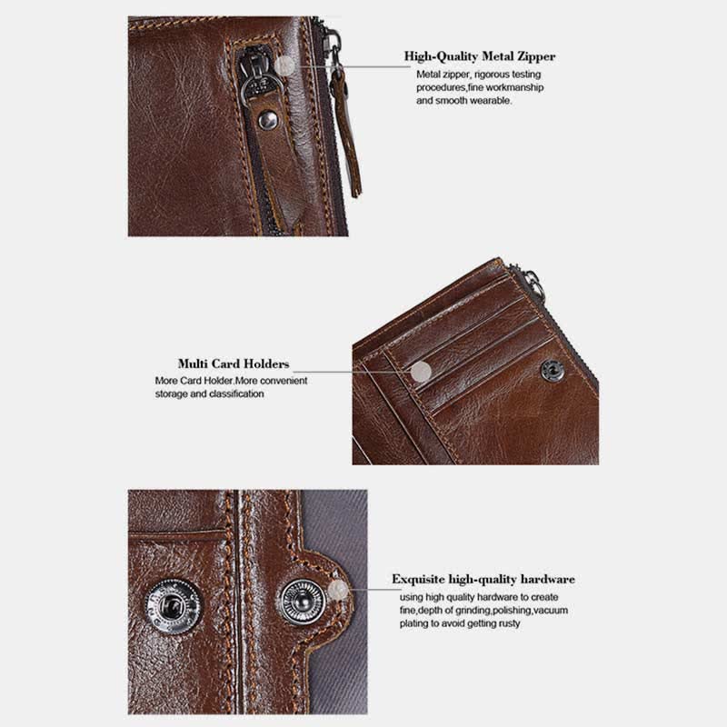 Bifold-Geldbörse für Herren aus echtem Leder mit Kartenhalter und doppeltem Reißverschlussfach