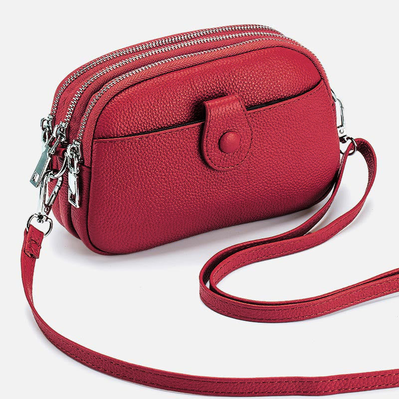 Schultertasche aus echtem Leder mit drei Reißverschlüssen, lässige Umhängetasche für Damen