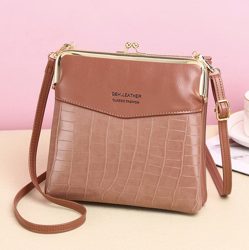 Leder-Crossbody-Handtasche für Damen mit zwei Fächern und Kiss Lock-Umhängetasche