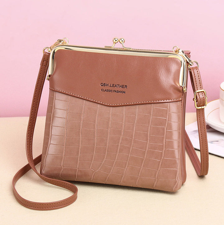 Leder-Crossbody-Handtasche für Damen mit zwei Fächern und Kiss Lock-Umhängetasche