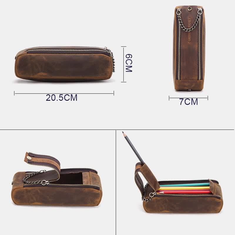 Retro-Make-up-Tasche aus echtem Leder, Mehrzweck-Reißverschluss, Federmäppchen