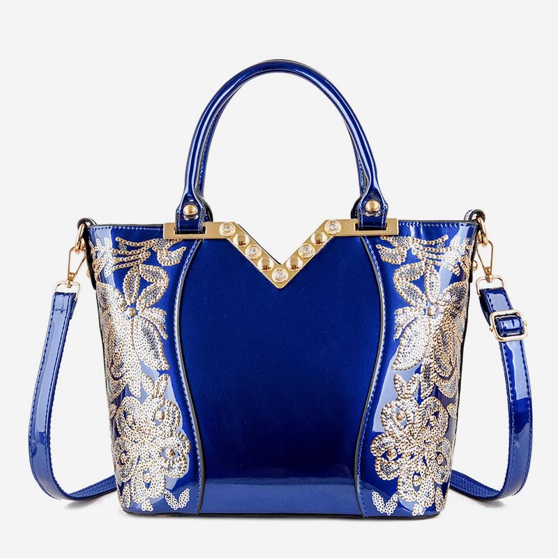 Tragetasche für Damen, bestickte Handtasche aus Lackleder mit Pailletten und Diamanten