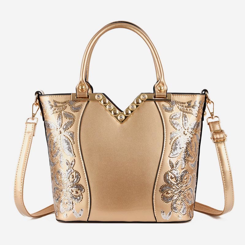 Tragetasche für Damen, bestickte Handtasche aus Lackleder mit Pailletten und Diamanten