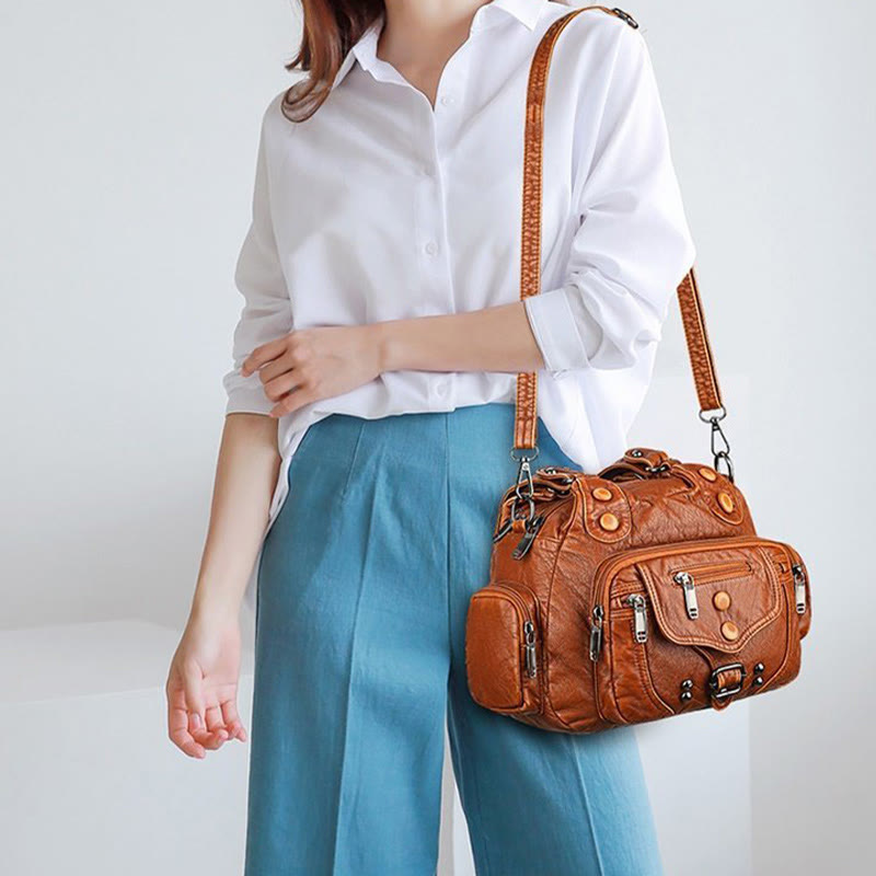 Tragetasche für Damen, Vintage, genietete Umhängetasche aus Leder mit mehreren Taschen