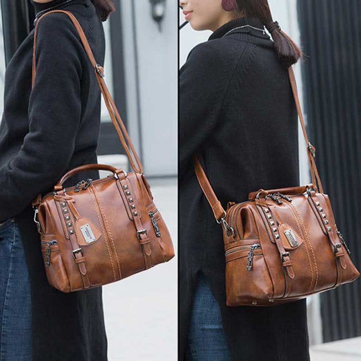 Retro Öl Wachs Leder Nieten Handtasche Tote Satchel Umhängetasche