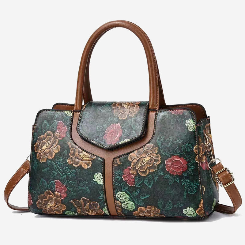 Retro Floral Emboss Handtasche Damen Horizontale Umhängetasche aus Leder