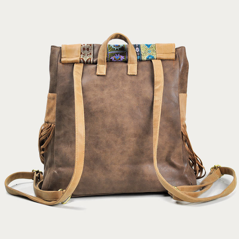 Rucksack für Damen im ethnischen Stil mit Druck und Quaste, Tagesrucksack aus Leder