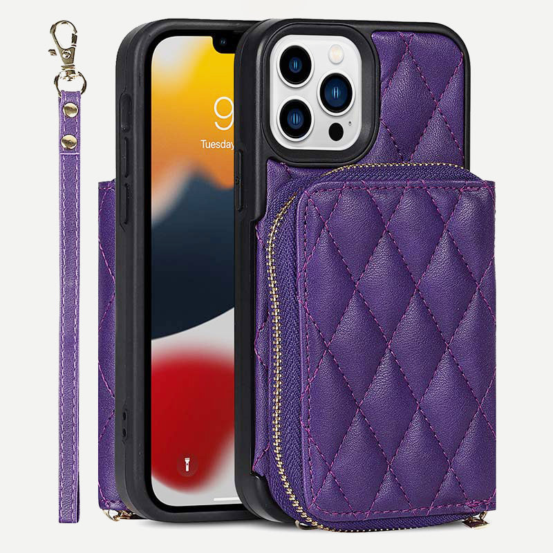 iPhone-Handyhülle, gestepptes Leder, Brieftaschen-Hülle, Kartenhalter mit Umhängegurt