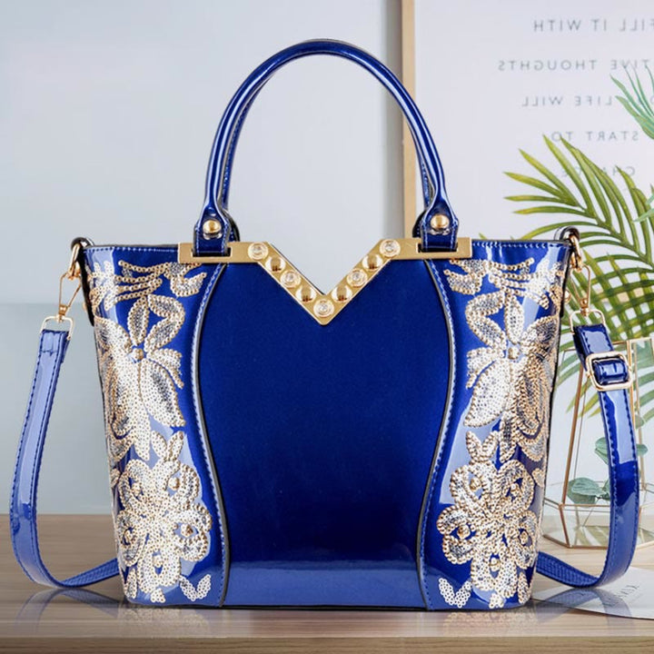 Tragetasche für Damen, bestickte Handtasche aus Lackleder mit Pailletten und Diamanten