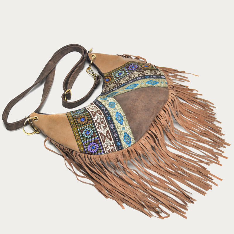 Umhängetasche für Damen, Reisetasche aus Leder im ethnischen Stil mit Quaste