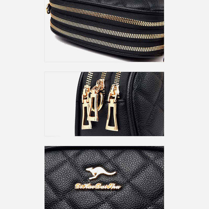 Umhängetasche mit 3 Reißverschlüssen für Damen, gestepptes Kunstleder, kleine Schultertasche