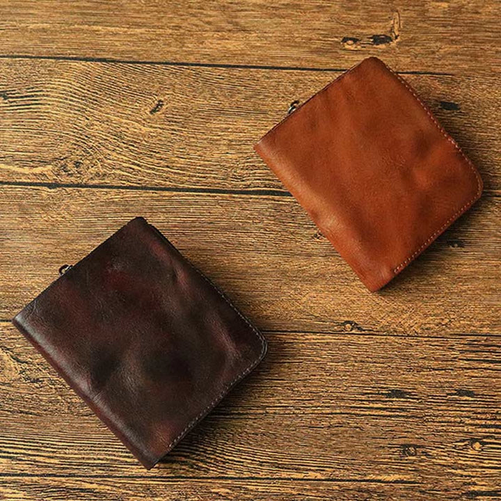 Ledergeldbörse für Herren, doppelt faltbar, Vintage, kurze Geldbörse mit Reißverschluss - image 8